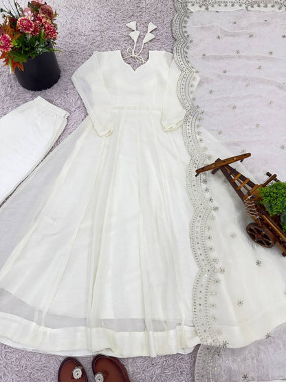 White Designer Heavy Fandy Silk Gown and Dupatta For Party Wear