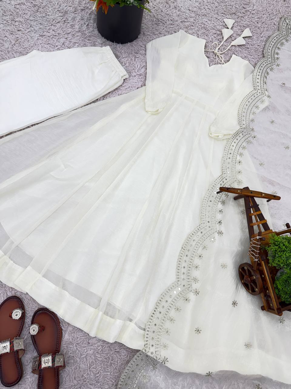 White Designer Heavy Fandy Silk Gown and Dupatta For Party Wear