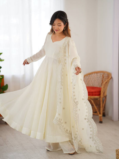White Designer Heavy Fandy Silk Gown and Dupatta For Party Wear
