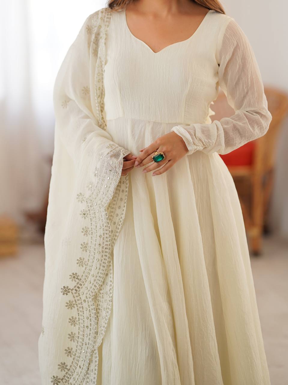 White Designer Heavy Fandy Silk Gown and Dupatta For Party Wear