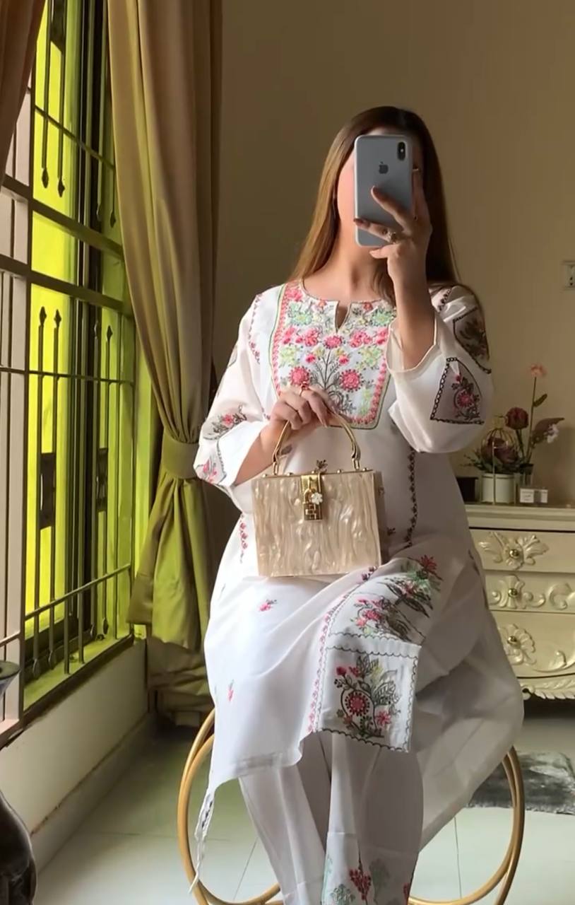 White Designer Heavy Riyon Silk Plazzo and Top For Party Wear 