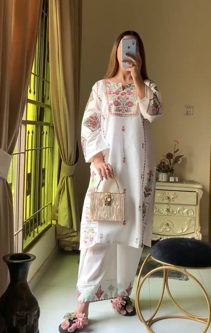 White Designer Heavy Riyon Silk Plazzo and Top For Party Wear 