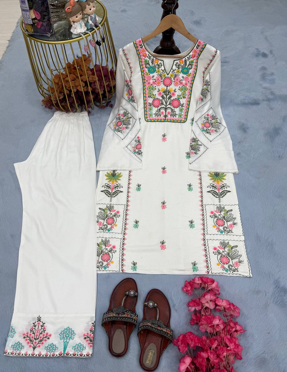 White Designer Heavy Riyon Silk Plazzo and Top For Party Wear 