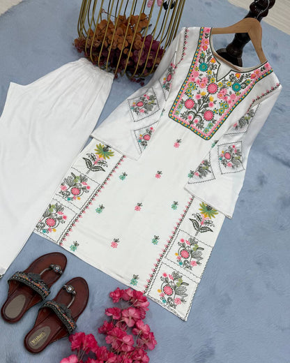 White Designer Heavy Riyon Silk Plazzo and Top For Party Wear 