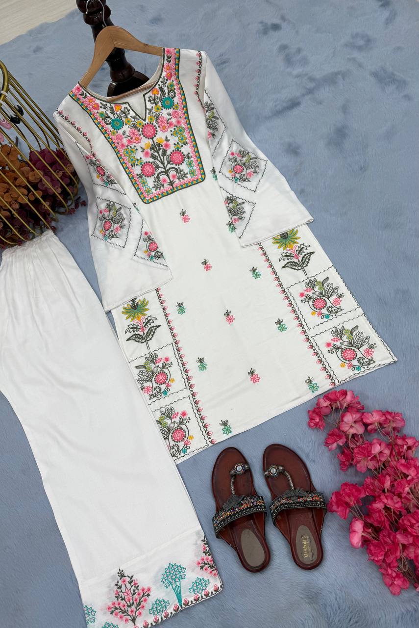 White Designer Heavy Riyon Silk Plazzo and Top For Party Wear 