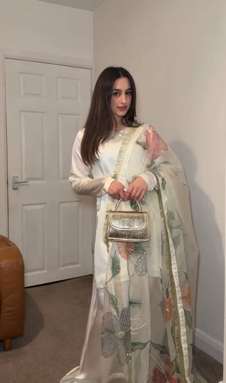 White Designer Japan Satin Silk Farshi Plazzo Top and Tabby Dupatta