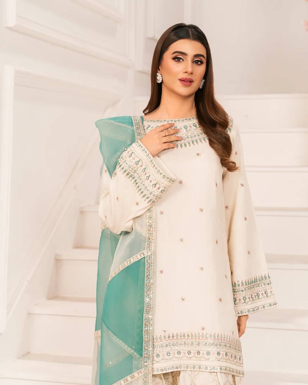 White Designer Natural Crepe Embroidery Farshi Palazzo Top and Dupatta