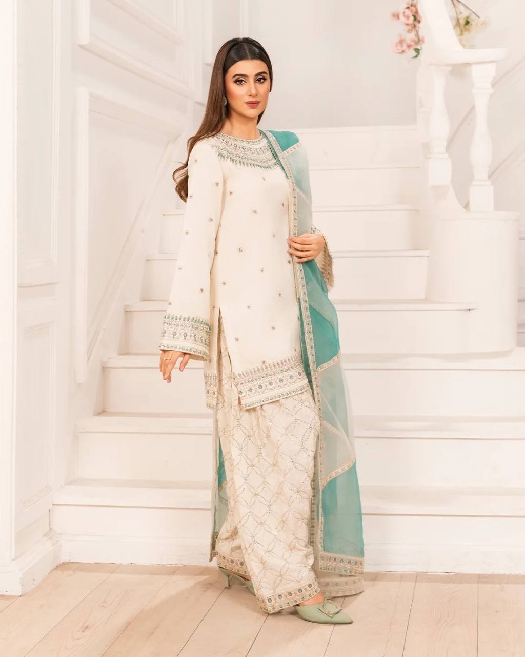 White Designer Natural Crepe Embroidery Farshi Palazzo Top and Dupatta