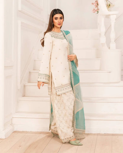 White Designer Natural Crepe Embroidery Farshi Palazzo Top and Dupatta