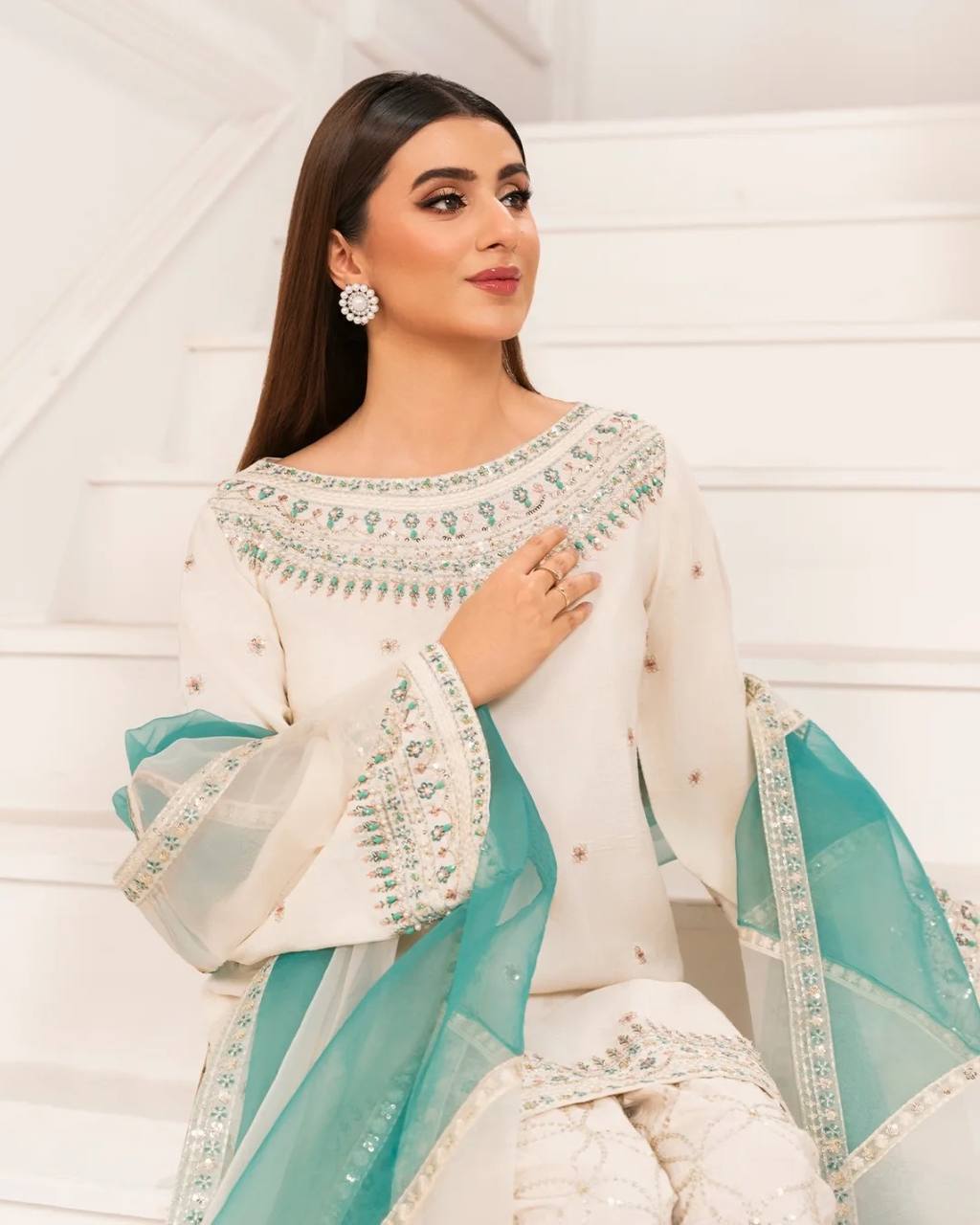 White Designer Natural Crepe Embroidery Farshi Palazzo Top and Dupatta