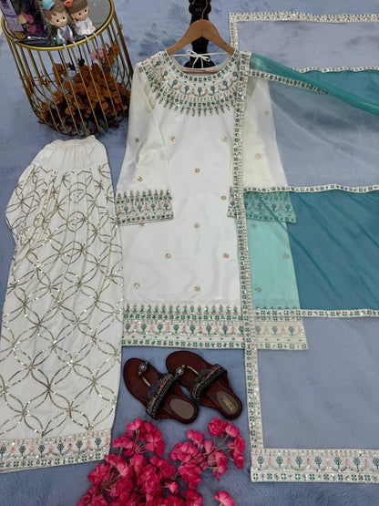 White Designer Natural Crepe Embroidery Farshi Palazzo Top and Dupatta