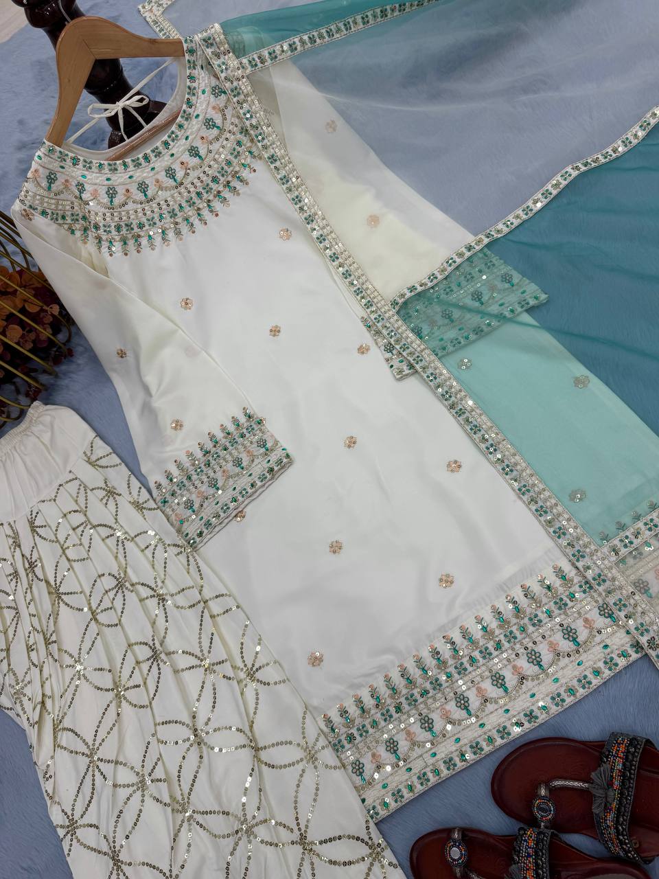 White Designer Natural Crepe Embroidery Farshi Palazzo Top and Dupatta