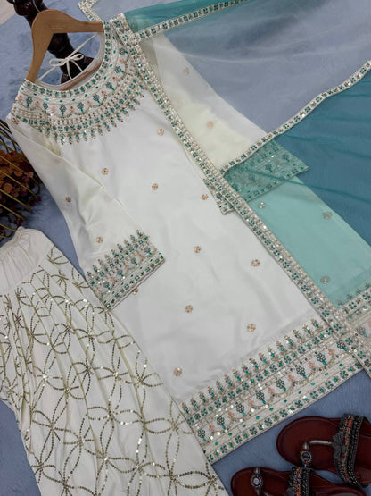 White Designer Natural Crepe Embroidery Farshi Palazzo Top and Dupatta