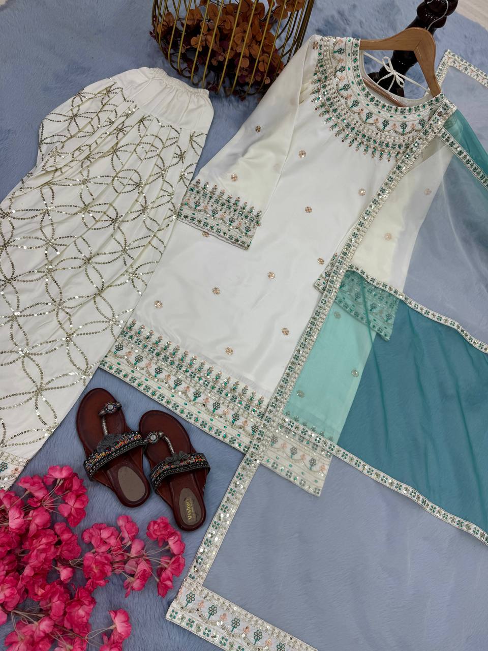White Designer Natural Crepe Embroidery Farshi Palazzo Top and Dupatta