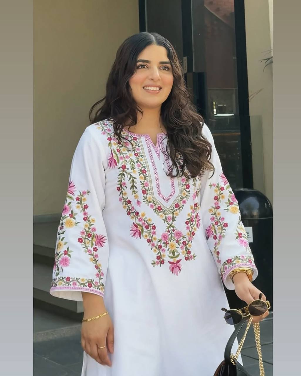 White Designer Natural Crepe Silk Top Farshi Pant and Soft Net Dupatta