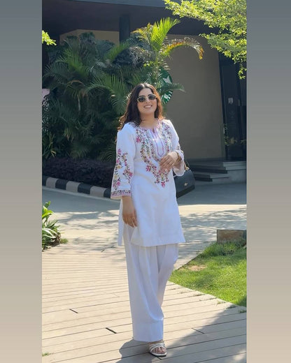 White Designer Natural Crepe Silk Top Farshi Pant and Soft Net Dupatta