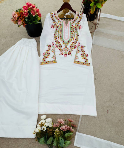 White Designer Natural Crepe Silk Top Farshi Pant and Soft Net Dupatta