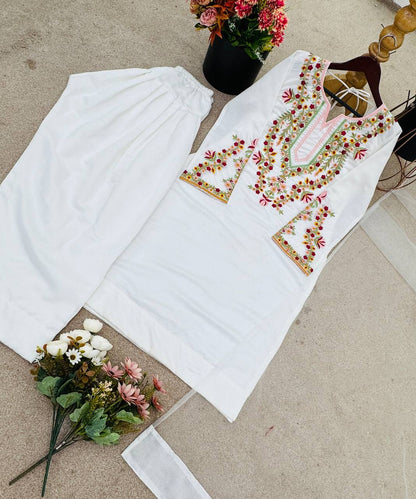 White Designer Natural Crepe Silk Top Farshi Pant and Soft Net Dupatta