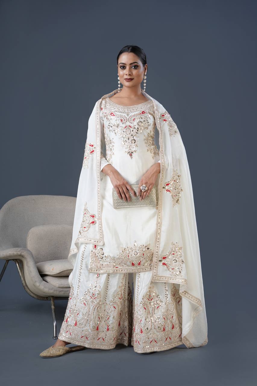 White Designer Pure Chinnon Silk Dori Palazzo Top and Dupatta