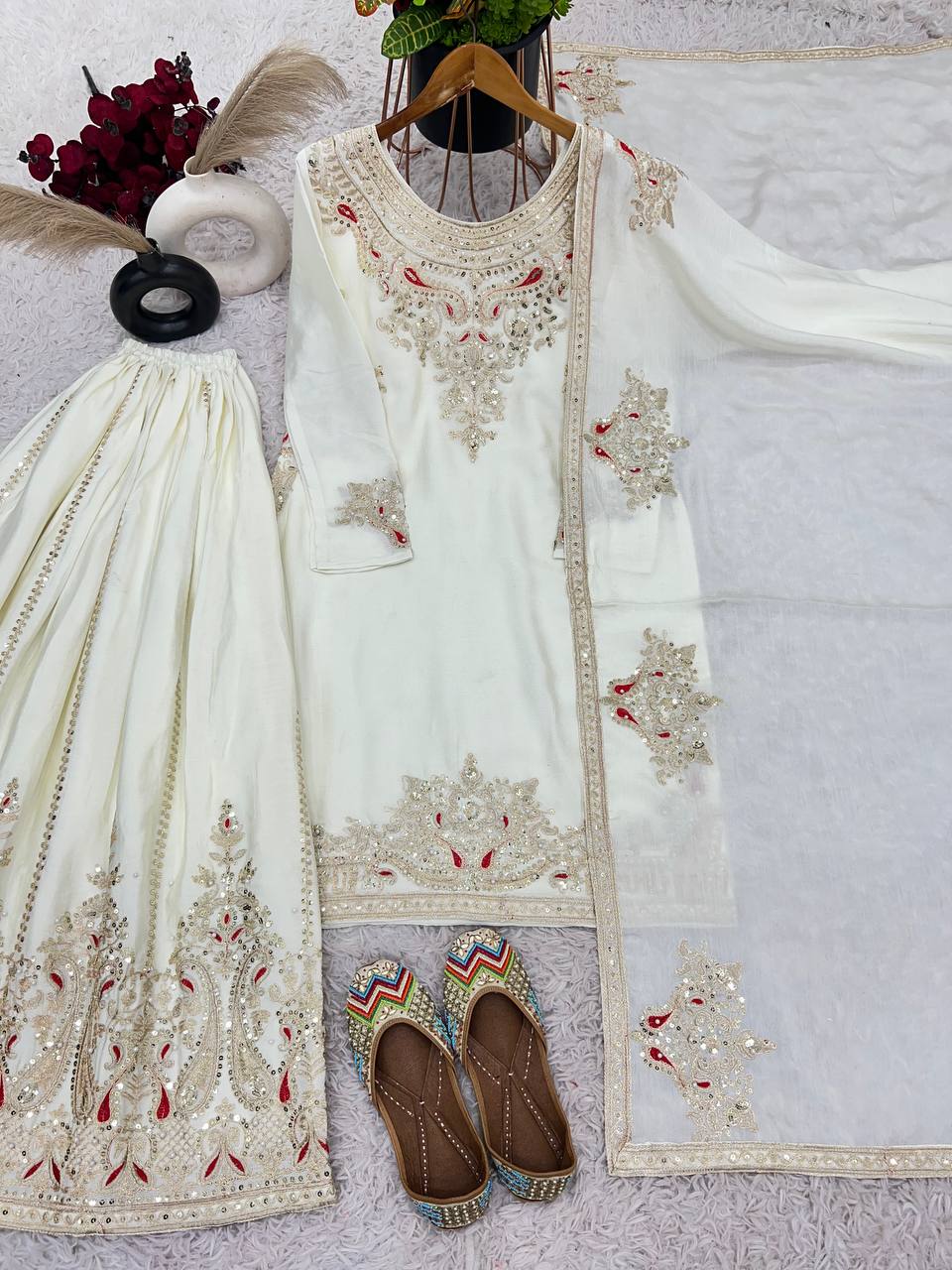 White Designer Pure Chinnon Silk Dori Palazzo Top and Dupatta