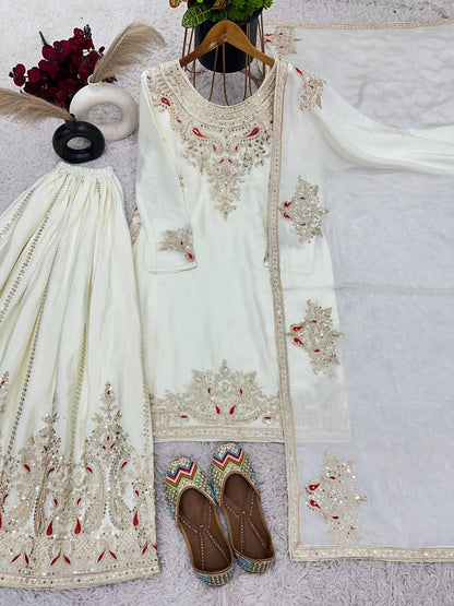 White Designer Pure Chinnon Silk Dori Palazzo Top and Dupatta