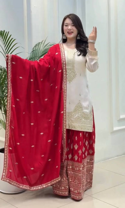 White Designer Pure Chinon Silk Plazzo Top and Dupatta For Party Wear