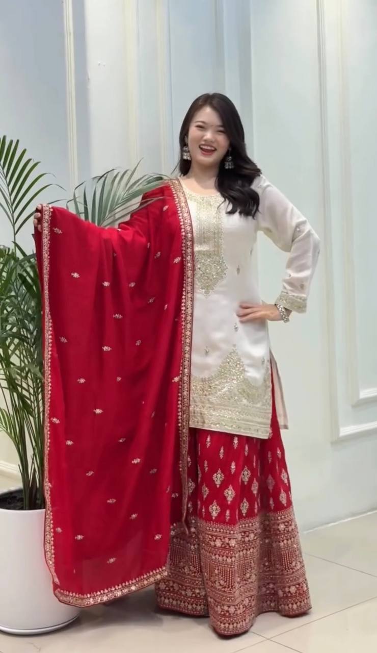 White Designer Pure Chinon Silk Plazzo Top and Dupatta For Party Wear