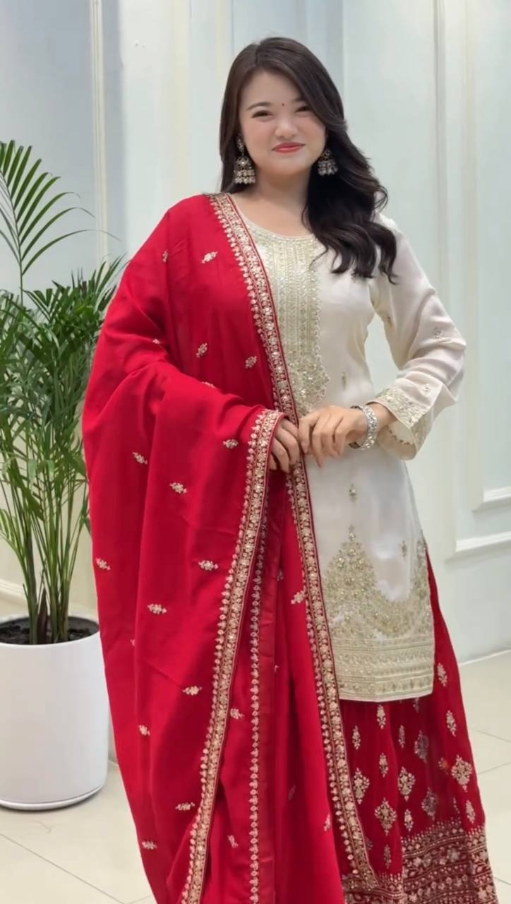 White Designer Pure Chinon Silk Plazzo Top and Dupatta For Party Wear