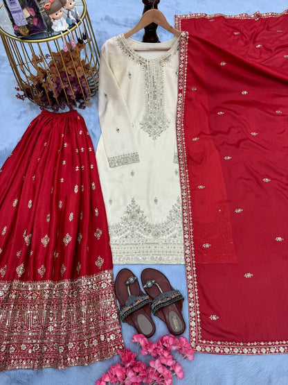 White Designer Pure Chinon Silk Plazzo Top and Dupatta For Party Wear