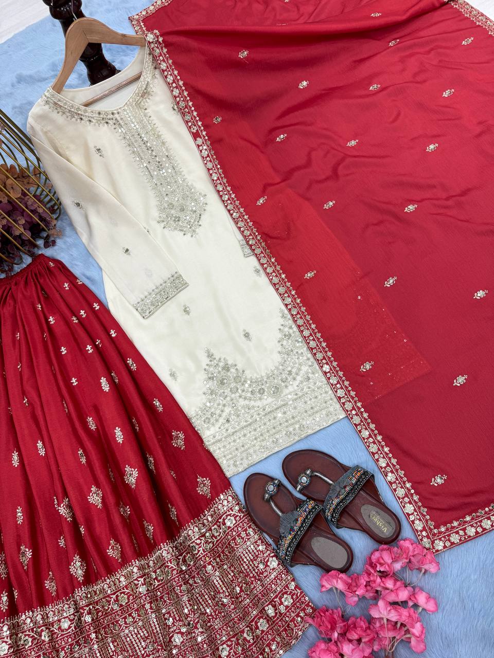 White Designer Pure Chinon Silk Plazzo Top and Dupatta For Party Wear