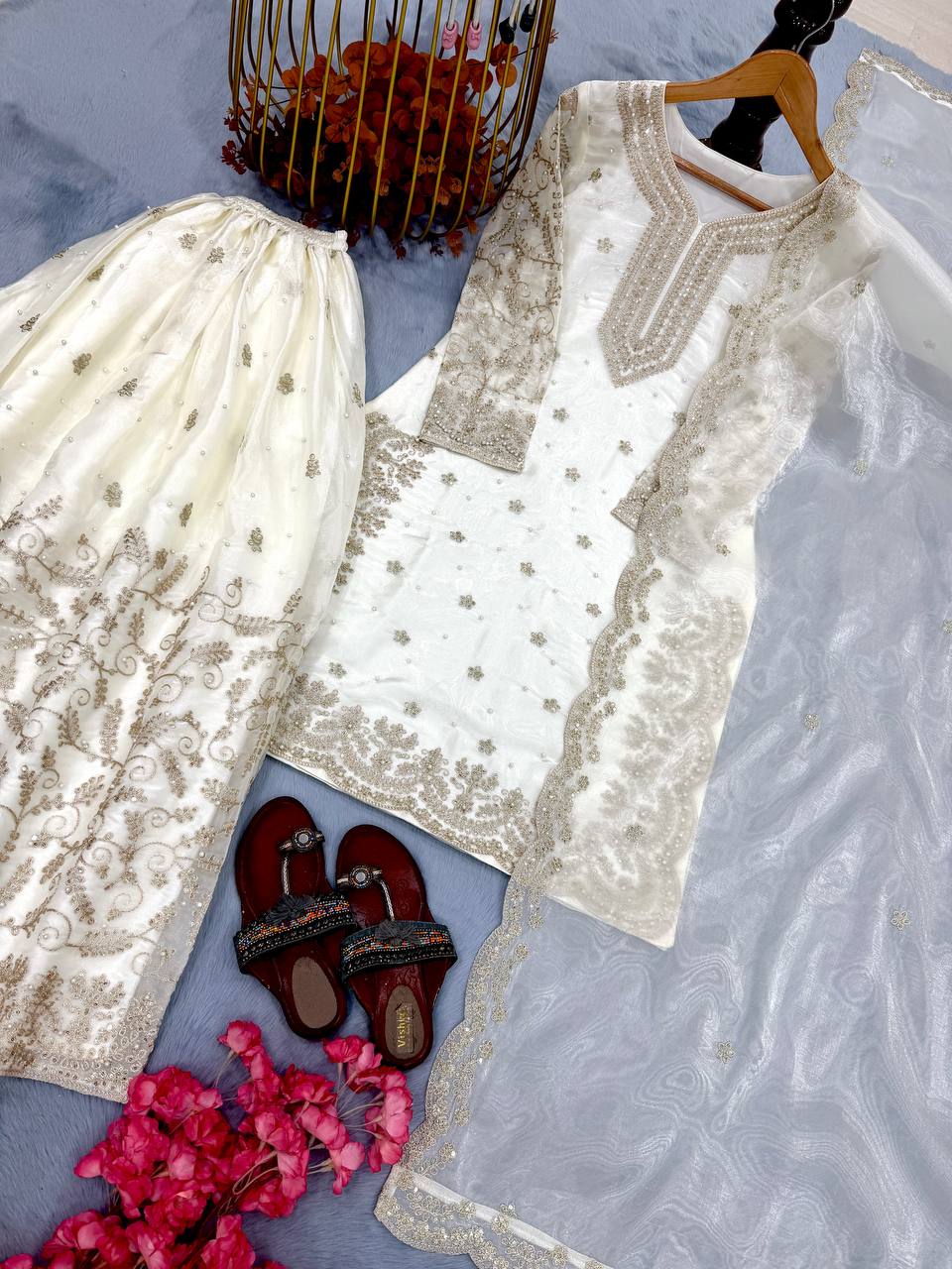 White Designer Pure Jimmy Choo Plazzo and Dupatta For Party Wear