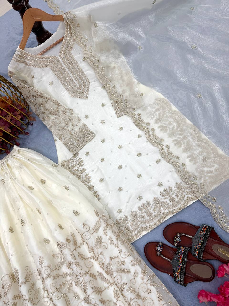 White Designer Pure Jimmy Choo Plazzo and Dupatta For Party Wear