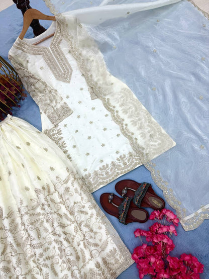 White Designer Pure Jimmy Choo Plazzo and Dupatta For Party Wear
