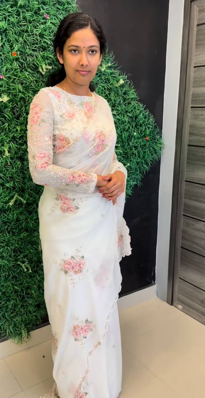 White Designer Soft Tebi Silk Digital Printed Saree and Border Blouse