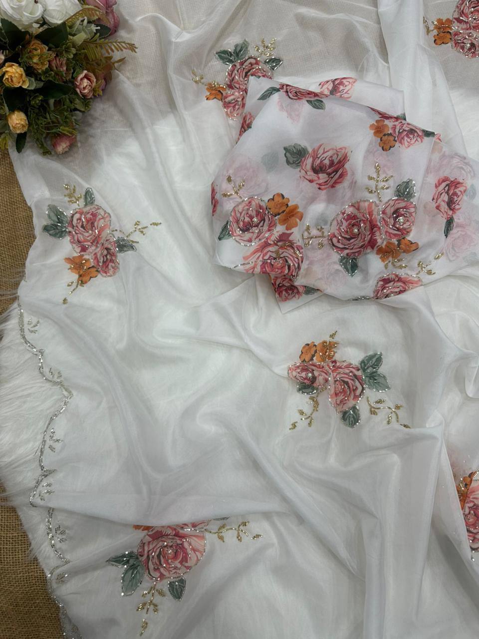 White Designer Soft Tebi Silk Digital Printed Saree and Border Blouse