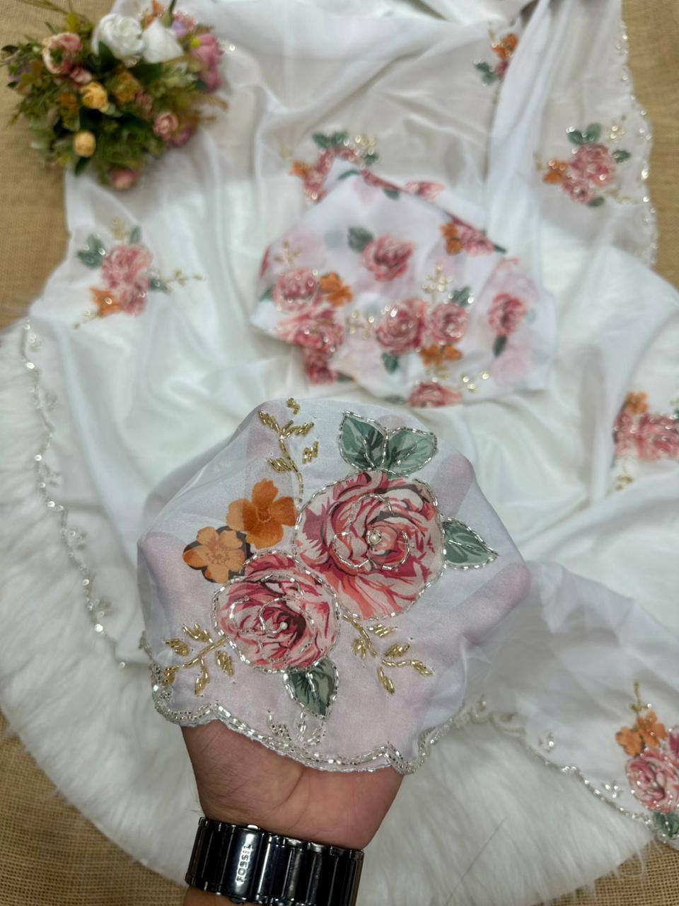 White Designer Soft Tebi Silk Digital Printed Saree and Border Blouse