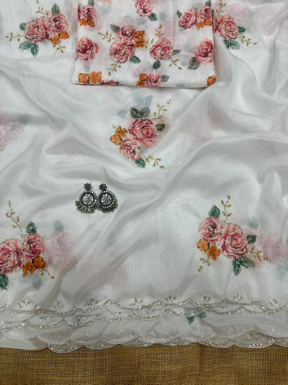 White Designer Soft Tebi Silk Digital Printed Saree and Border Blouse