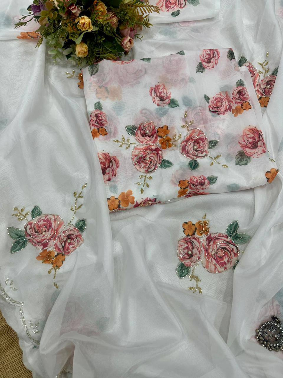 White Designer Soft Tebi Silk Digital Printed Saree and Border Blouse