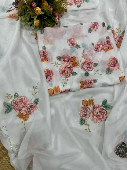 White Designer Soft Tebi Silk Digital Printed Saree and Border Blouse