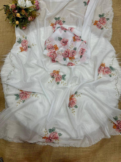 White Designer Soft Tebi Silk Digital Printed Saree and Border Blouse