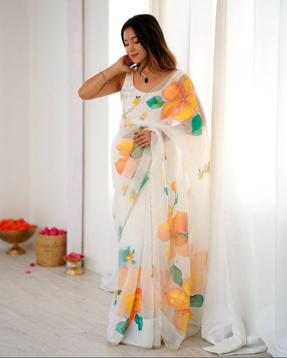 White Designer Soft Tebi Silk Printed Saree and Val Moti Border Blouse