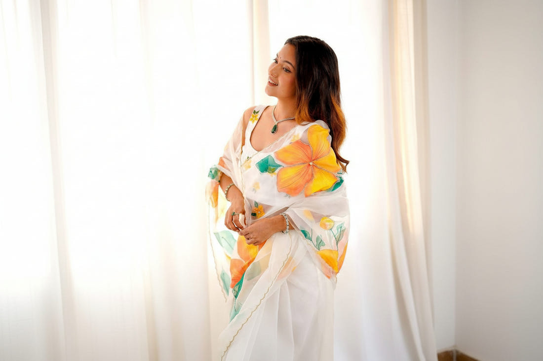 White Designer Soft Tebi Silk Printed Saree and Val Moti Border Blouse