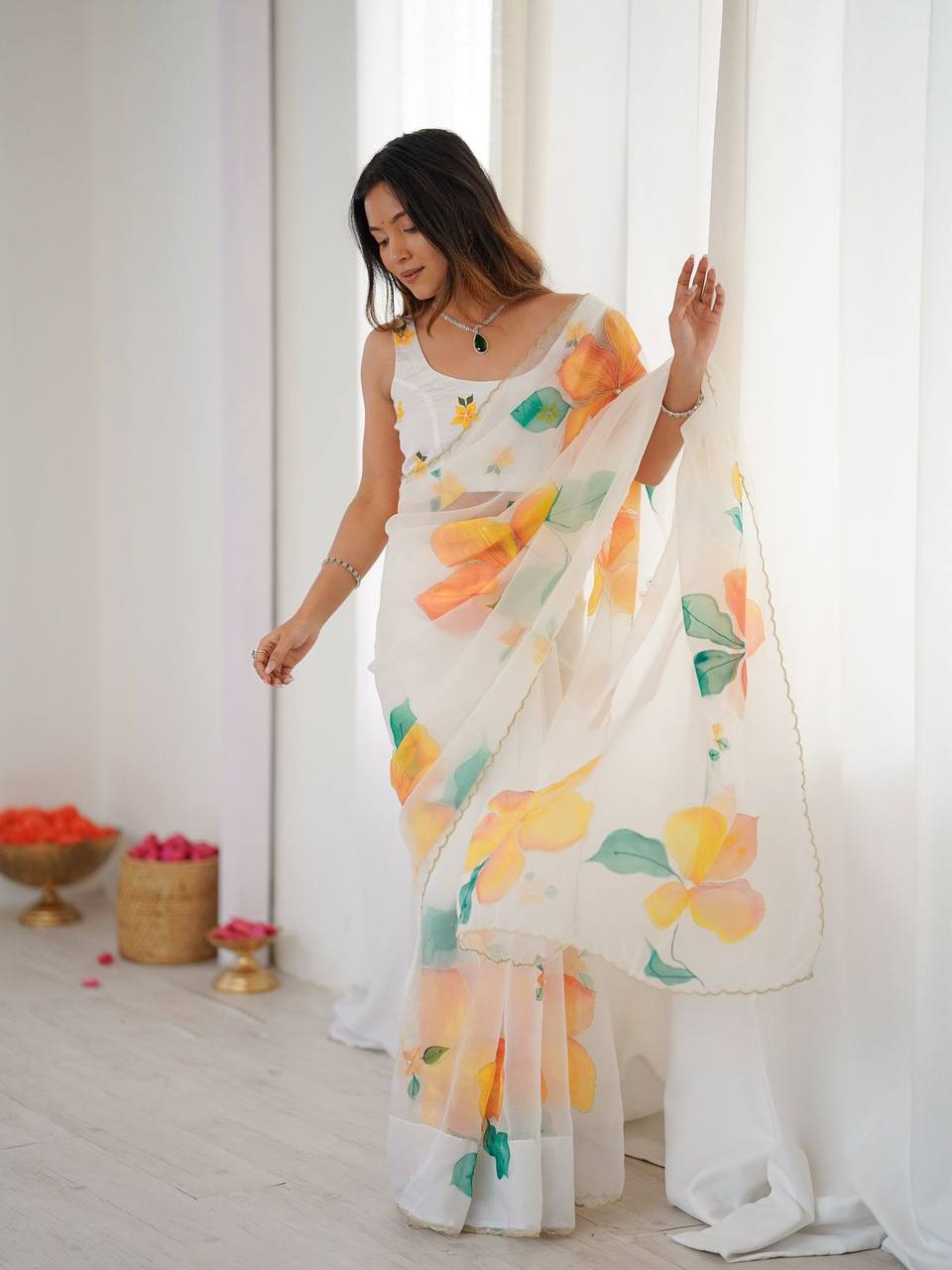 White Designer Soft Tebi Silk Printed Saree and Val Moti Border Blouse