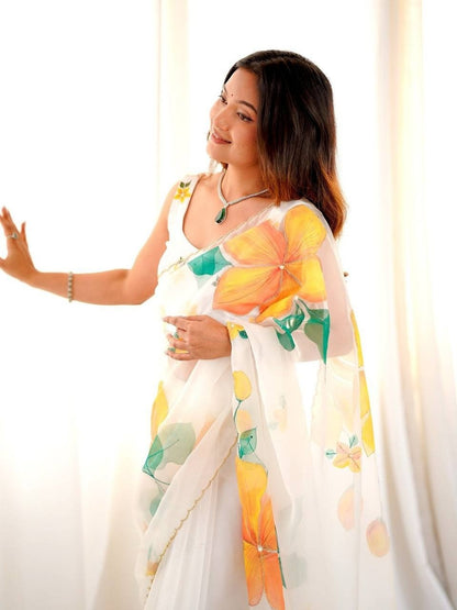 White Designer Soft Tebi Silk Printed Saree and Val Moti Border Blouse