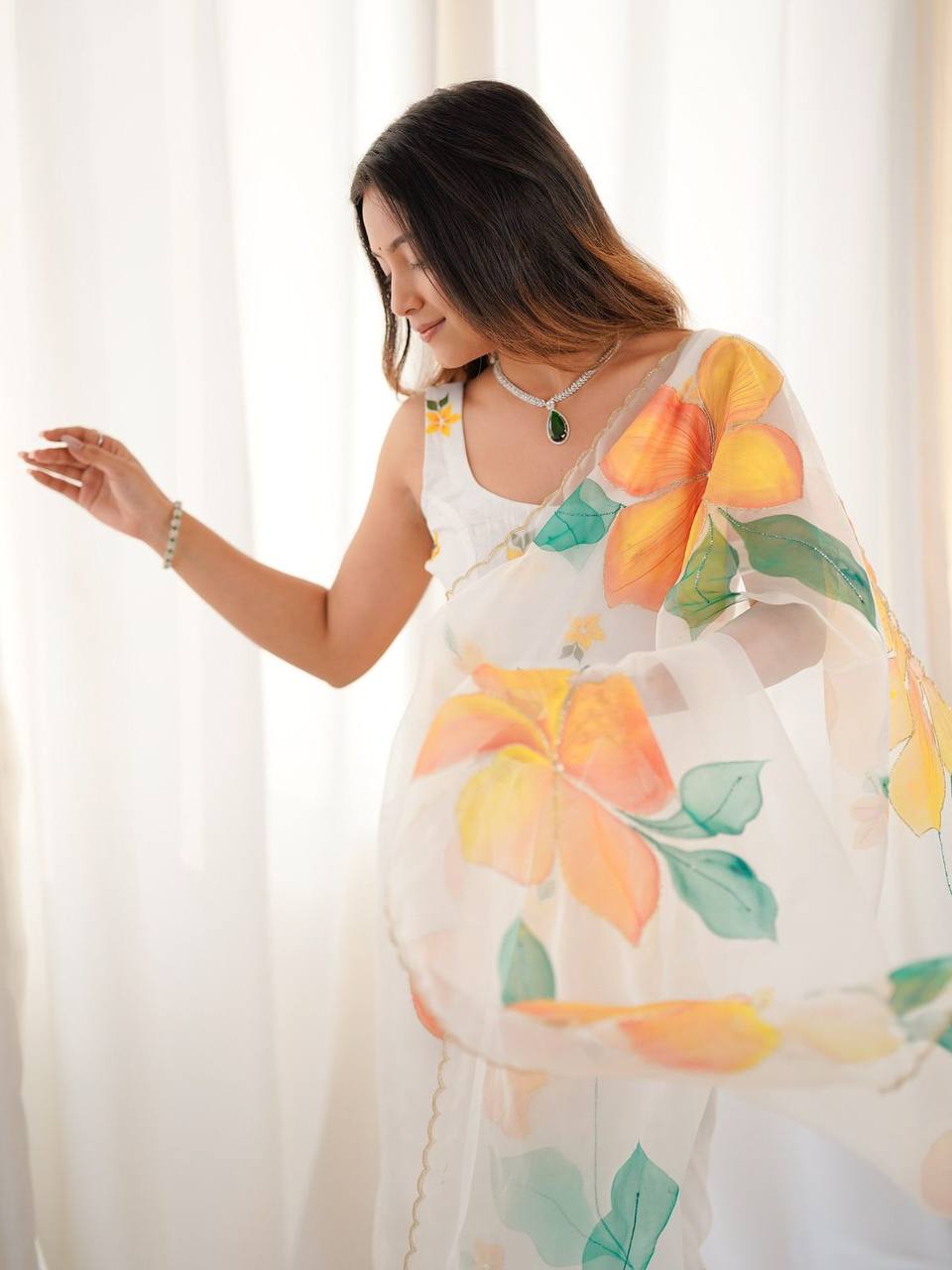 White Designer Soft Tebi Silk Printed Saree and Val Moti Border Blouse