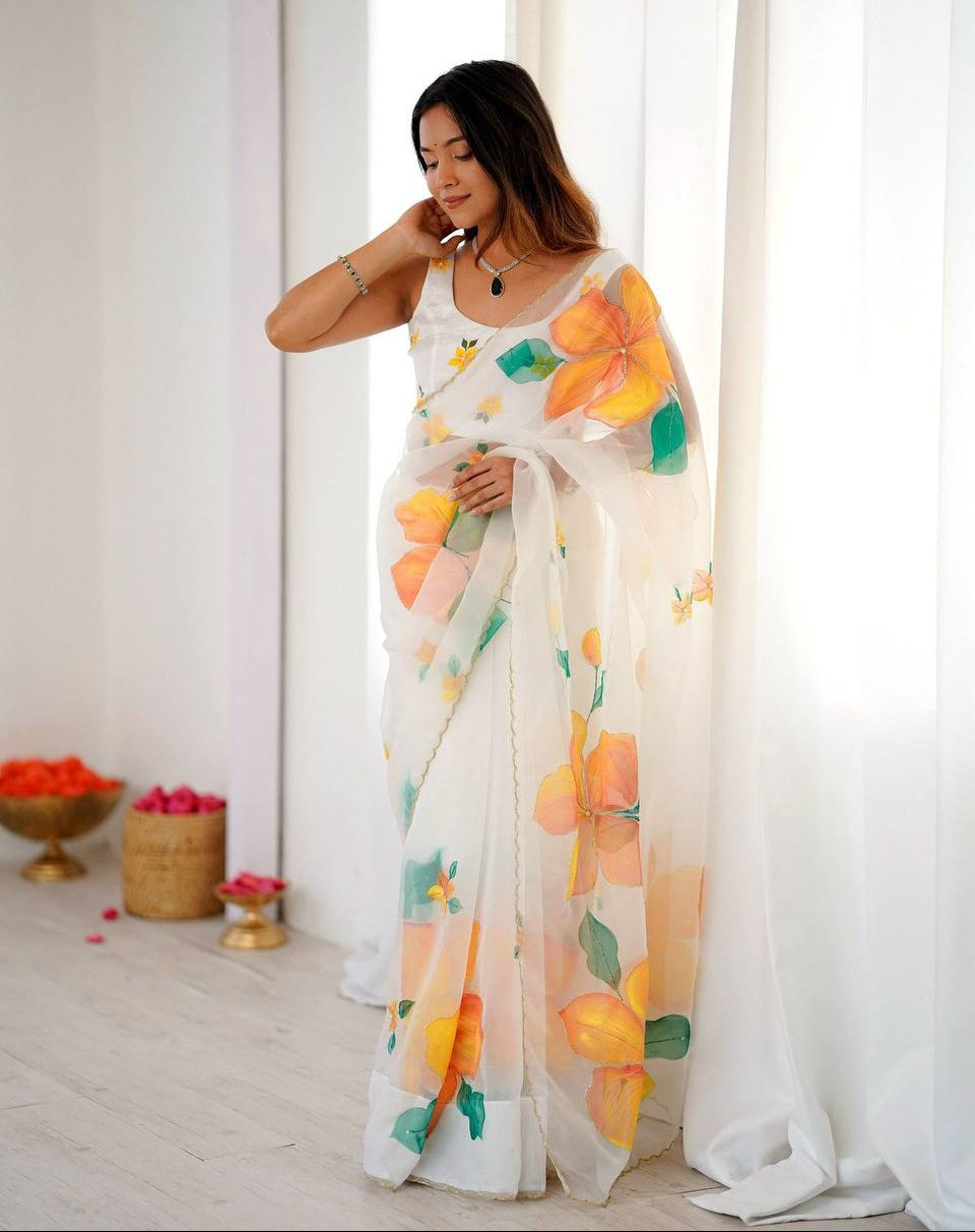 White Designer Soft Tebi Silk Printed Saree and Val Moti Border Blouse