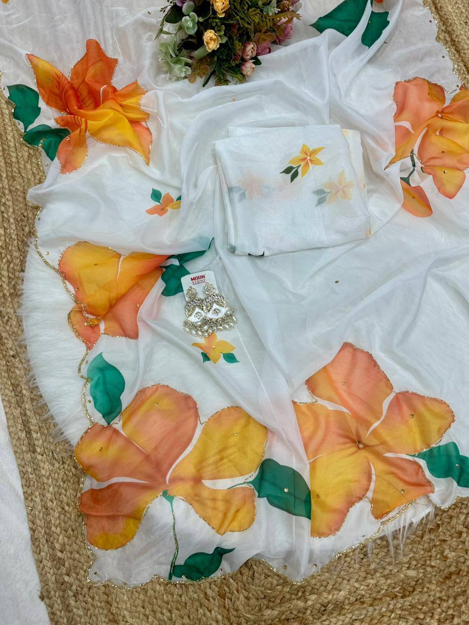 White Designer Soft Tebi Silk Printed Saree and Val Moti Border Blouse