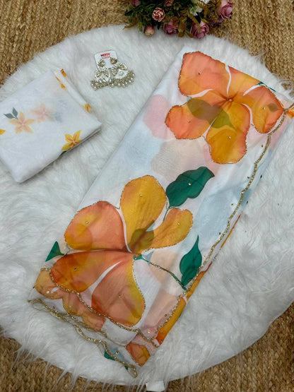 White Designer Soft Tebi Silk Printed Saree and Val Moti Border Blouse