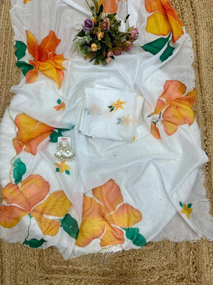 White Designer Soft Tebi Silk Printed Saree and Val Moti Border Blouse