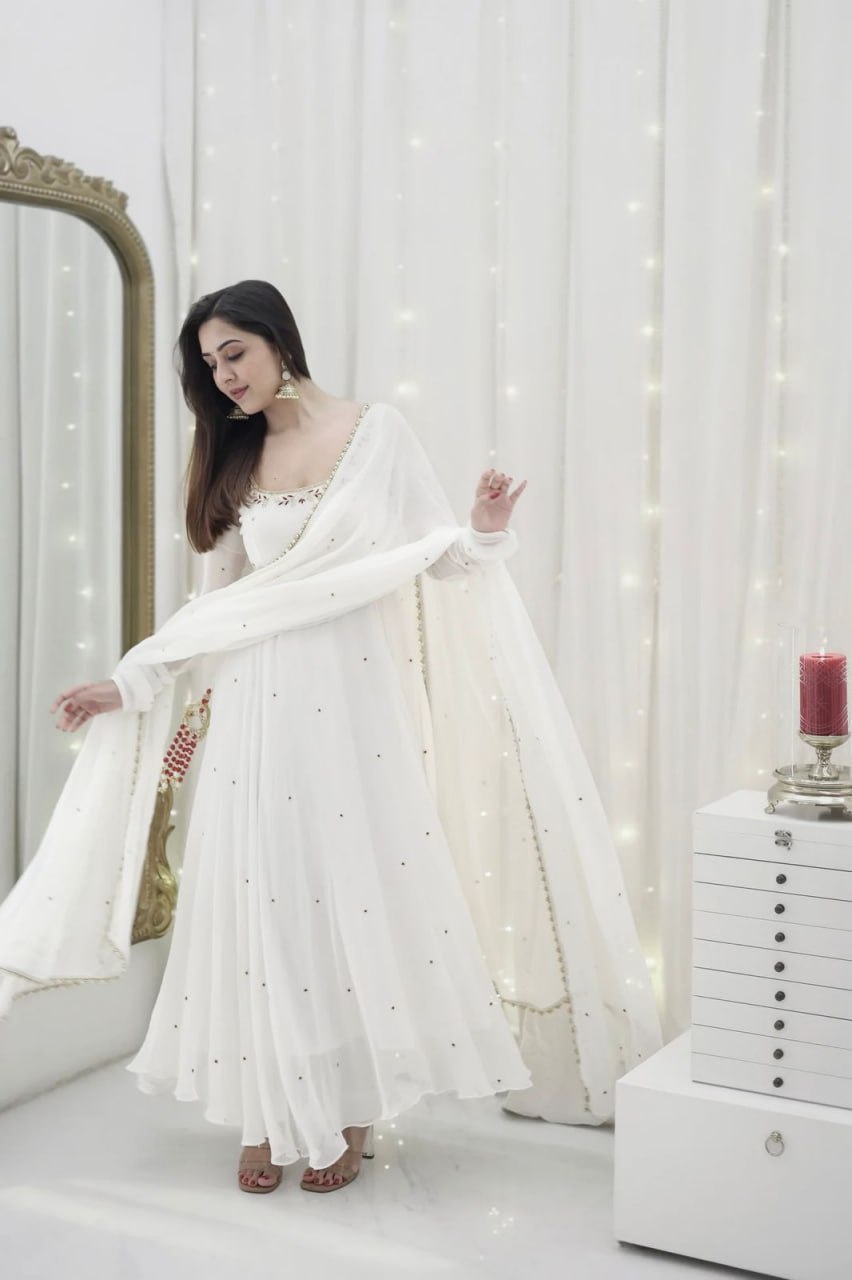 White Faux Georgette Handwork Anarkali Suit with Fancy Lace Dupatta